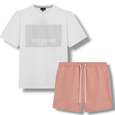TED BAKER BIG LOGO T-SHIRT & SWIM SHORTS SET WHITE & PINK