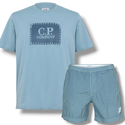 CP COMPANY STAMP T-SHIRT & SWIM SHORTS SET SILVER BLUE