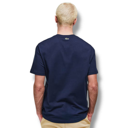 LACOSTE LARGE LOGO T-SHIRT & ALL OVER LOGO SWIM SHORTS SET NAVY & LIGHT BLUE