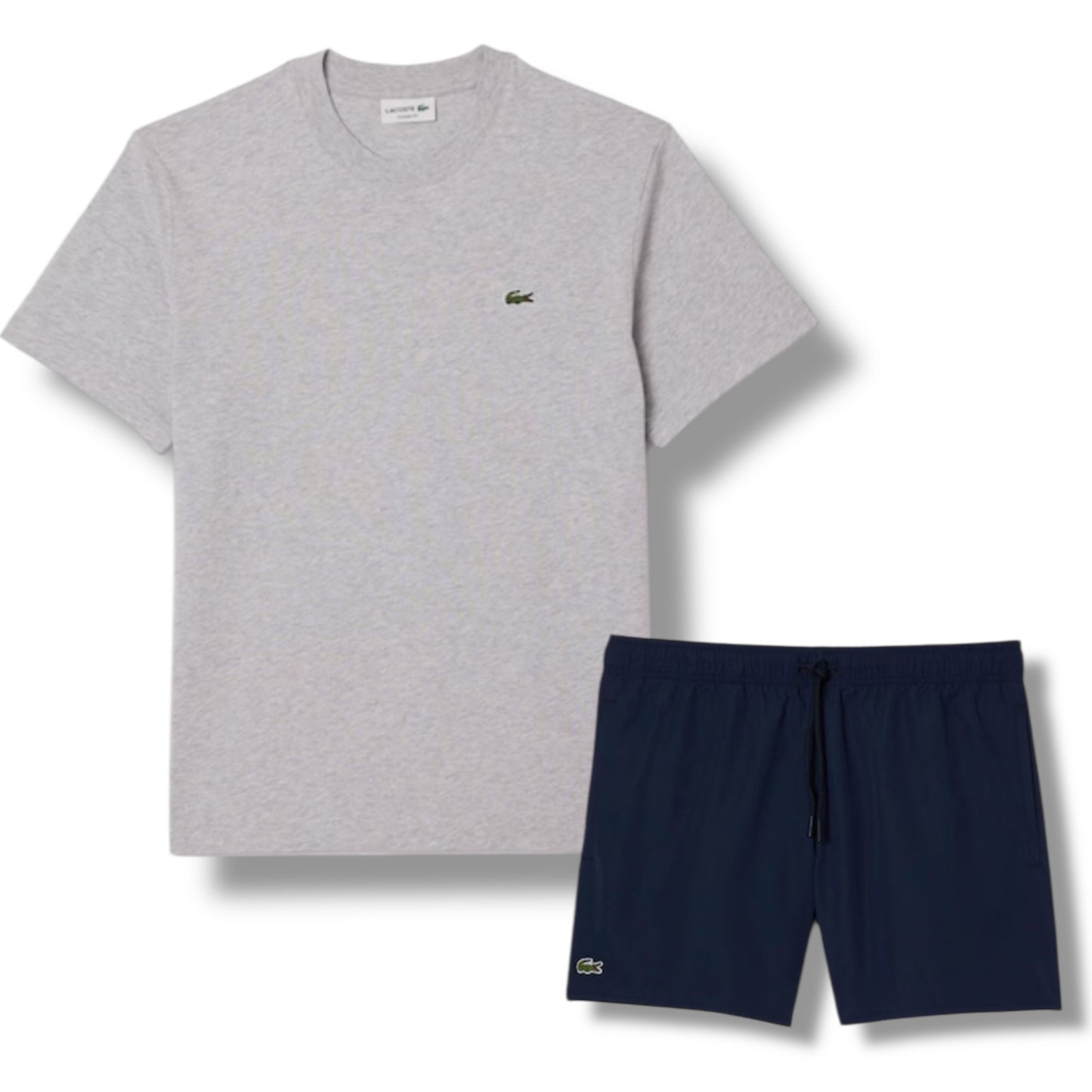 LACOSTE SMALL LOGO T-SHIRT & SWIM SHORTS SET GREY & NAVY BLUE