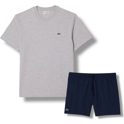 LACOSTE SMALL LOGO T-SHIRT & SWIM SHORTS SET GREY & NAVY BLUE