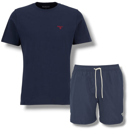 BARBOUR SMALL LOGO T-SHIRT & SWIM SHORTS SET NAVY BLUE