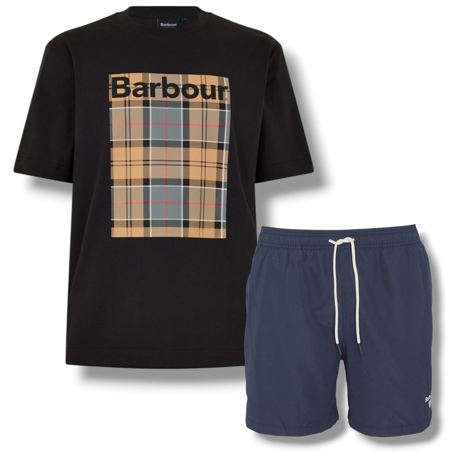 BARBOUR CHECK BOX LOGO T-SHIRT &  SWIM SHORTS BLACK & NAVY BLUE