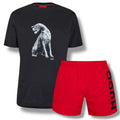 HUGO DOG LOGO T-SHIRT & VERTI SWIM SHORTS SET BLACK & RED