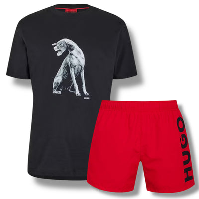 HUGO DOG LOGO T-SHIRT & VERTI SWIM SHORTS SET BLACK & RED