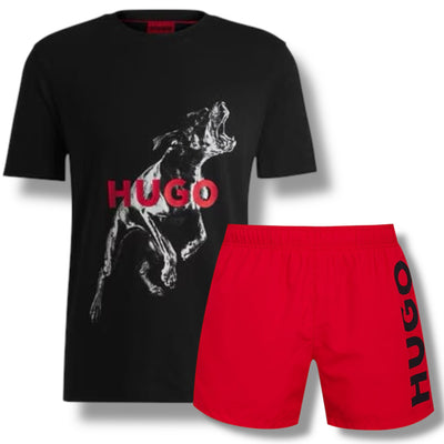 HUGO BARKING DOG LOGO T-SHIRT & VERTI SWIM SHORTS SET BLACK & RED