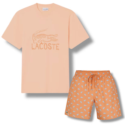 LACOSTE LARGE LOGO T-SHIRT & ALL OVER LOGO SWIM SHORTS SET ORANGE