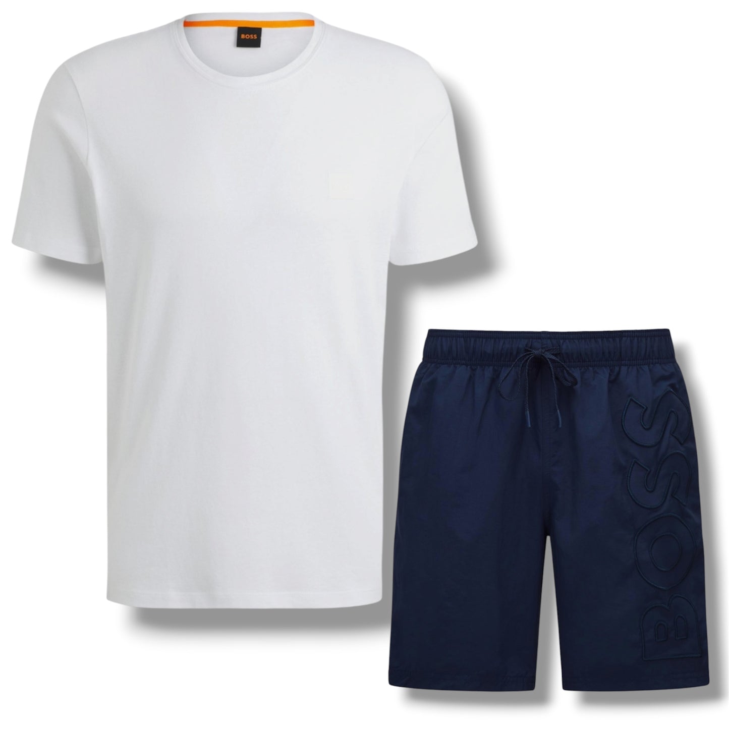HUGO BOSS PATCH T-SHIRT & VERTI LOGO SWIM SHORTS SET WHITE & NAVY BLUE