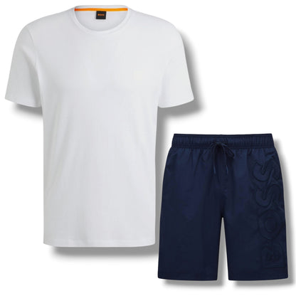 HUGO BOSS PATCH T-SHIRT & VERTI LOGO SWIM SHORTS SET WHITE & NAVY BLUE