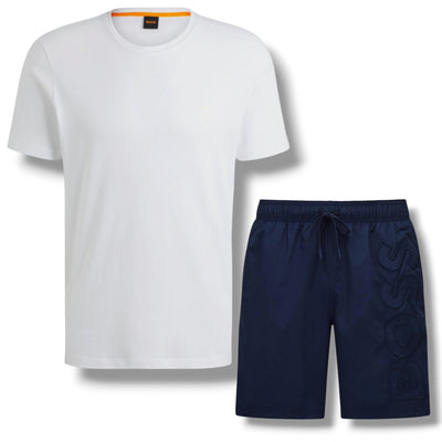 HUGO BOSS PATCH T-SHIRT & VERTI LOGO SWIM SHORTS SET WHITE & NAVY BLUE