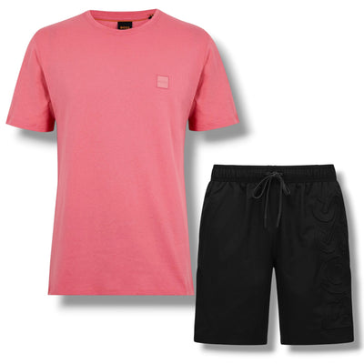 HUGO BOSS PATCH T-SHIRT & VERTI LOGO SWIM SHORTS LIGHT RED & BLACK