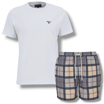 BARBOUR SMALL LOGO T-SHIRT & CHECK SWIM SHORTS SET WHITE & BEIGE