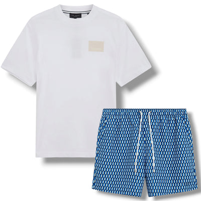 TED BAKER T-SHIRT & SWIM SHORTS SET WHITE & GEO BLUE
