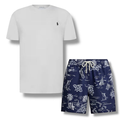 RALPH LAUREN T-SHIRT & BEAR SWIM SHORTS SET WHITE & NAVY BLUE