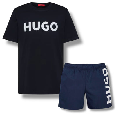HUGO BIG LOGO T-SHIRT & VERTI LOGO SWIM SHORTS SET LIGHT NAVY BLUE