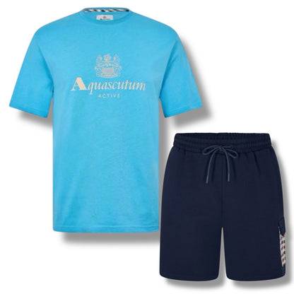 AQUASCUTUM BIG LOGO T-SHIRT & SIDE POCKET SWIM SHORTS SET AVIO BLUE - NAVY