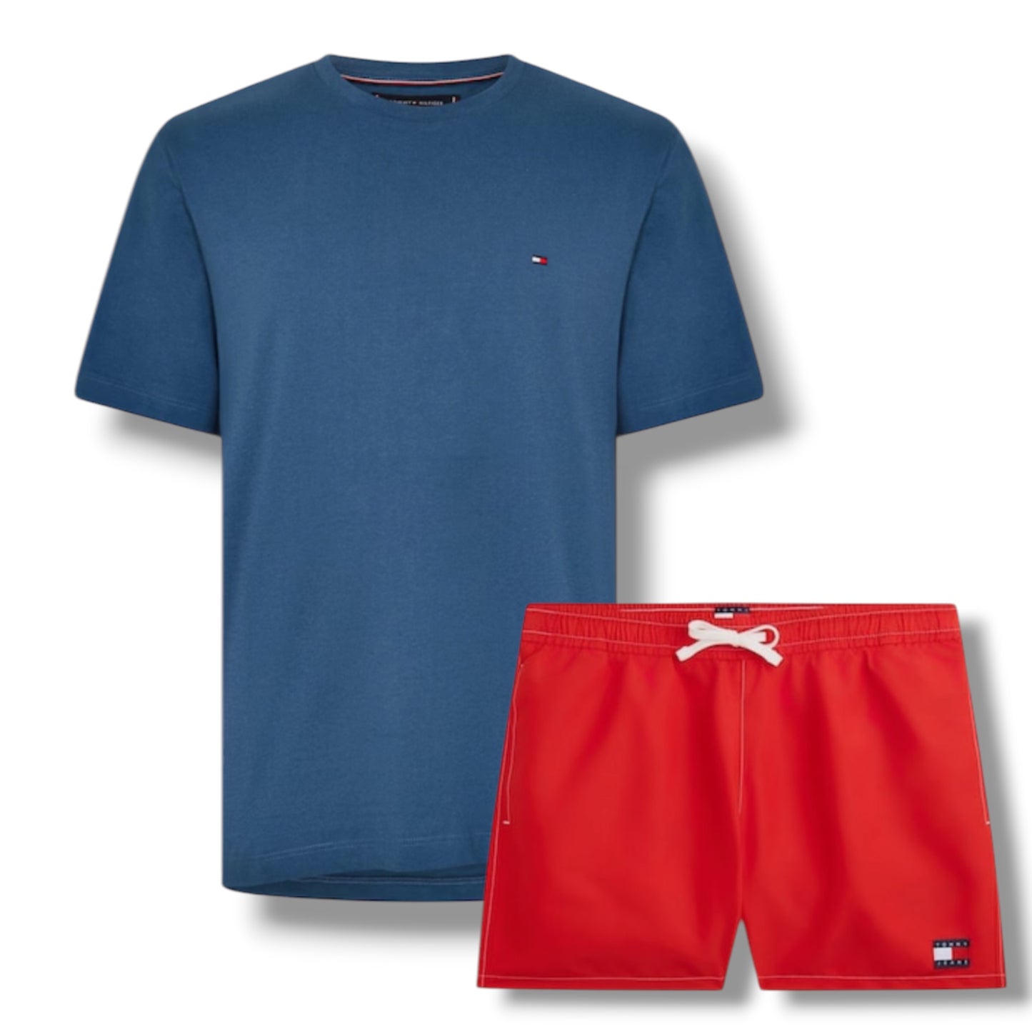 TOMMY HILFIGER SMALL LOGO T-SHIRT & SWIM SHORTS SET SEA BLUE & RED
