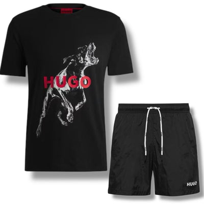 HUGO BARKING DOG LOGO T-SHIRT & SMALL LOGO SWIM SHORTS SET BLACK