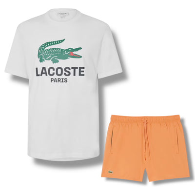 LACOSTE LARGE LOGO T-SHIRT & SWIM SHORTS SET WHITE & ORANGE