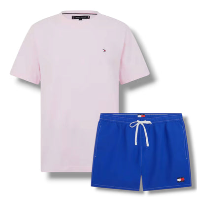 TOMMY HILFIGER SMALL LOGO T-SHIRT & SWIM SHORTS SET PINK & BLUE