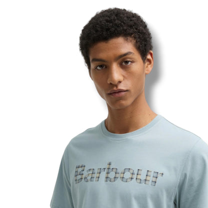 BARBOUR CHECK LOGO T-SHIRT & CHECK SWIM SHORTS SET LIGHT BLUE & BEIGE