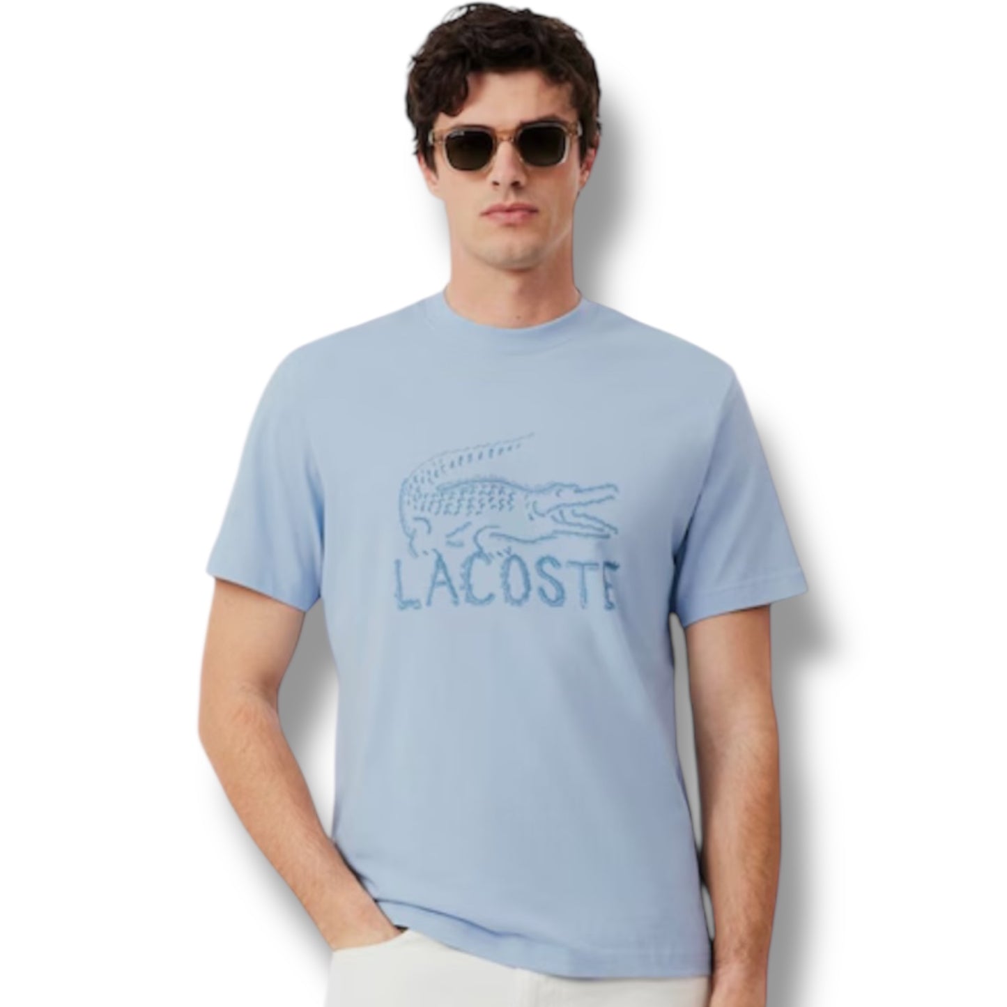 LACOSTE LARGE LOGO T-SHIRT & ALL OVER LOGO SWIM SHORTS SET LIGHT BLUE & ORANGE