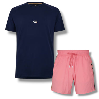 HUGO BOSS ICONIC T-SHIRT & SWIM SHORTS SET NAVY & PINK
