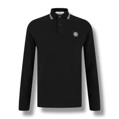 STONE ISLAND LONG SLEEVE PATCH LOGO POLO SHIRT BLACK