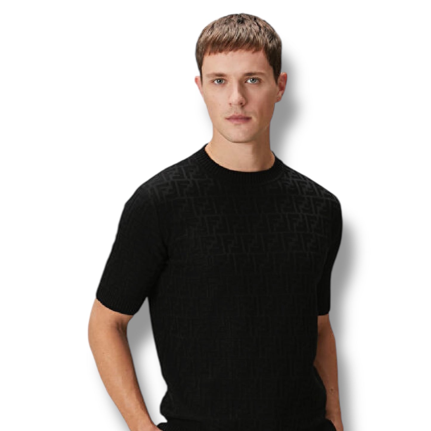 FENDI THIN KNIT FF ALL OVER LOGO T-SHIRT BLACK