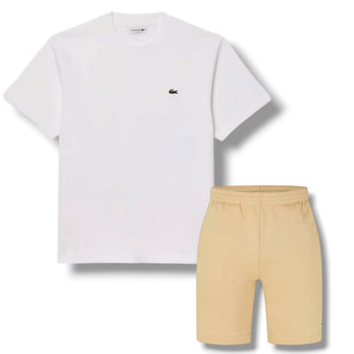 LACOSTE SMALL LOGO T-SHIRT & JERSEY SHORTS SET WHITE & BEIGE