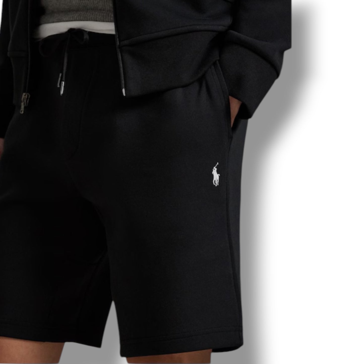 RALPH LAUREN TECH FULL ZIP HOODED SWEATSHIRT & JERSEY SHORTS SET BLACK