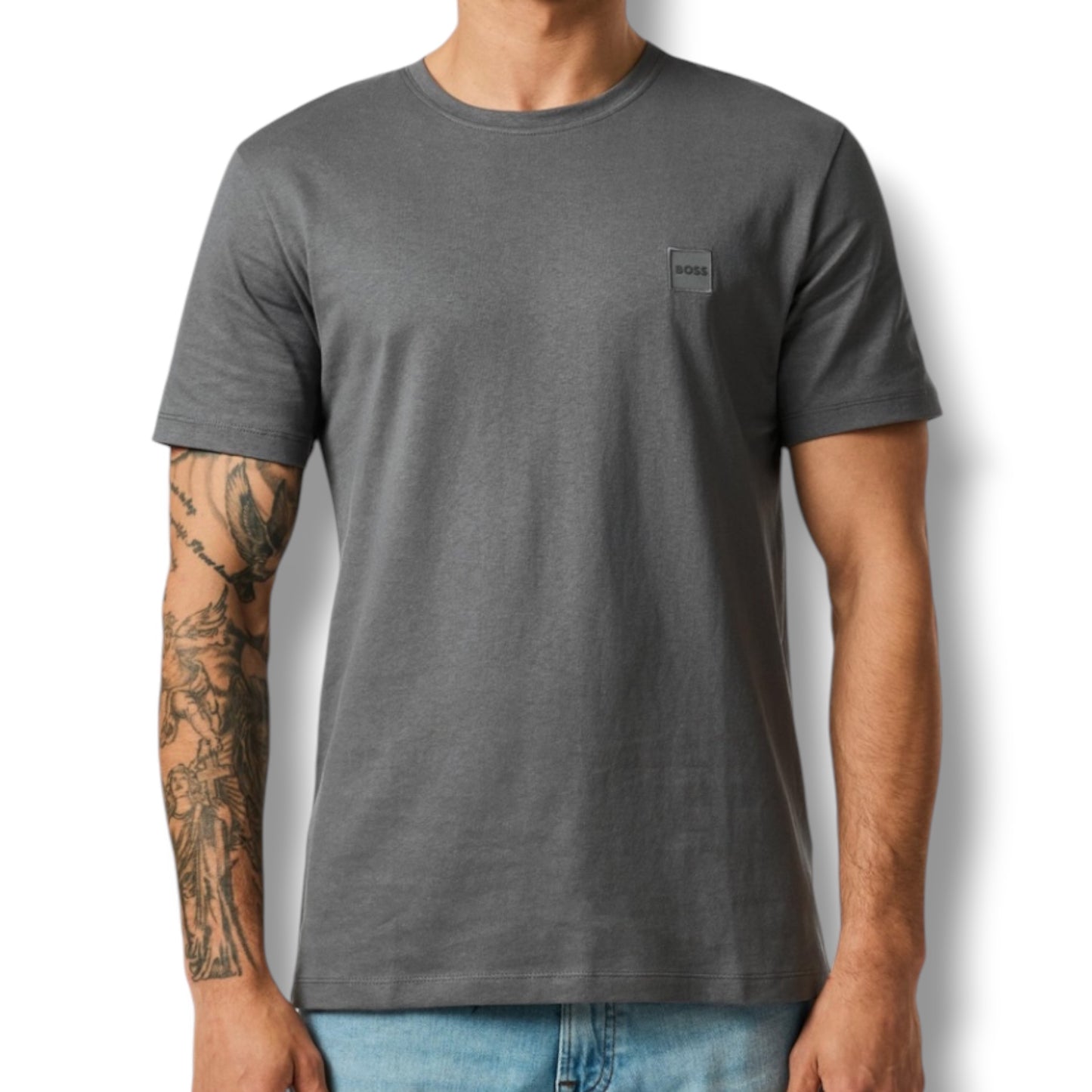 HUGO BOSS PATCH T-SHIRT & VERTI LOGO SWIM SHORTS CHARCOAL GREY & NAVY BLUE