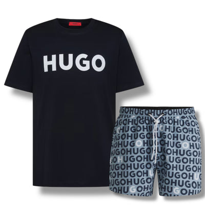 HUGO BIG LOGO T-SHIRT & ALL OVER SWIM SHORTS SET NAVY BLUE & LIGHT BLUE