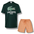 LACOSTE LARGE LOGO T-SHIRT & ALL OVER LOGO SWIM SHORTS SET GREEN & ORANGE