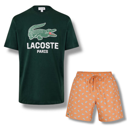 LACOSTE LARGE LOGO T-SHIRT & ALL OVER LOGO SWIM SHORTS SET GREEN & ORANGE