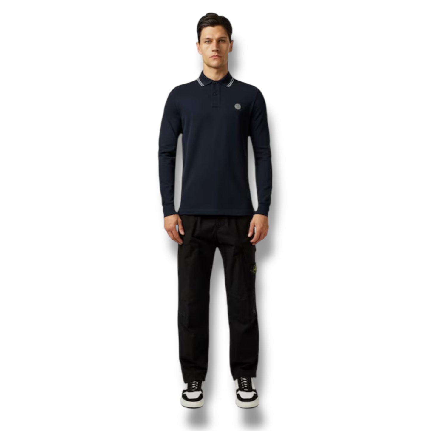 STONE ISLAND LONG SLEEVE PATCH LOGO POLO SHIRT NAVY BLUE