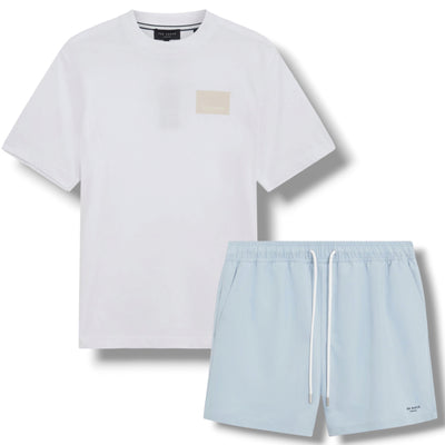 TED BAKER T-SHIRT & SWIM SHORTS SET WHITE & LIGHT BLUE