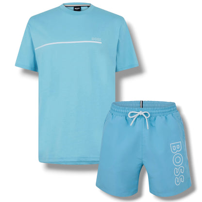 HUGO BOSS STORM T-SHIRT & SWIM SHORTS SET AQUA BLUE