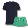 TOMMY HILFIGER SMALL LOGO T-SHIRT & SWIM SHORTS SET NAVY BLUE & GREEN