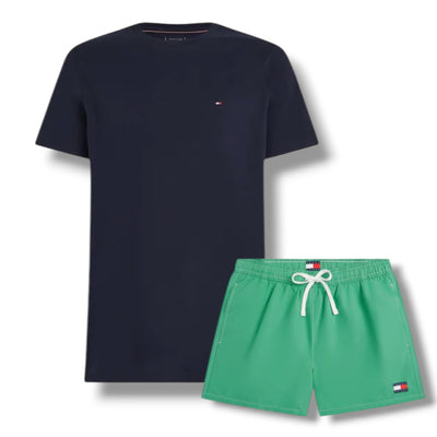 TOMMY HILFIGER SMALL LOGO T-SHIRT & SWIM SHORTS SET NAVY BLUE & GREEN