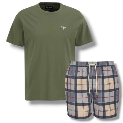 BARBOUR SMALL LOGO T-SHIRT & CHECK SWIM SHORTS SET OLIVE GREEN & BEIGE