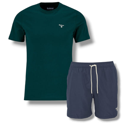 BARBOUR SMALL LOGO T-SHIRT & SWIM SHORTS SET BOTTLE GREEN & NAVY BLUE