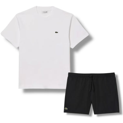 LACOSTE SMALL LOGO T-SHIRT & SWIM SHORTS SET WHITE & BLACK