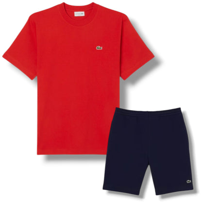 LACOSTE SMALL LOGO T-SHIRT & JERSEY SHORTS SET RED & NAVY BLUE