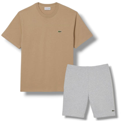 LACOSTE SMALL LOGO T-SHIRT & JERSEY SHORTS SET BEIGE & GREY