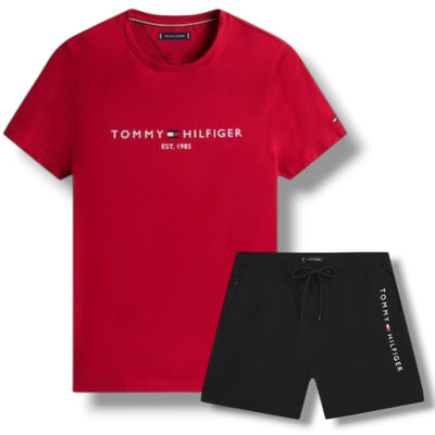 TOMMY HILFIGER LOGO T-SHIRT & SWIM SHORTS SET RED & BLACK