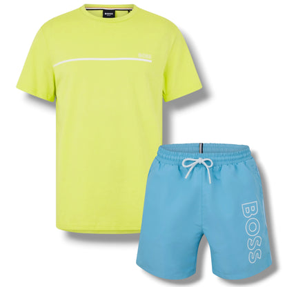 HUGO BOSS STORM T-SHIRT & SWIM SET LIME GREEN & AQUA BLUE