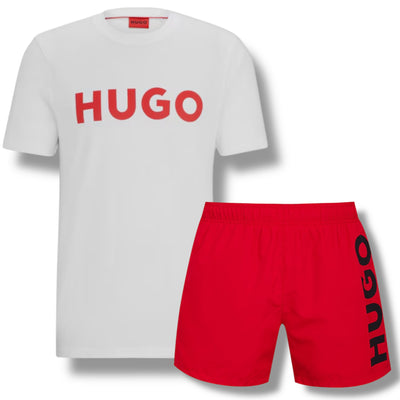 HUGO BIG LOGO T-SHIRT & VERTI SWIM SHORTS SET WHITE - RED & RED