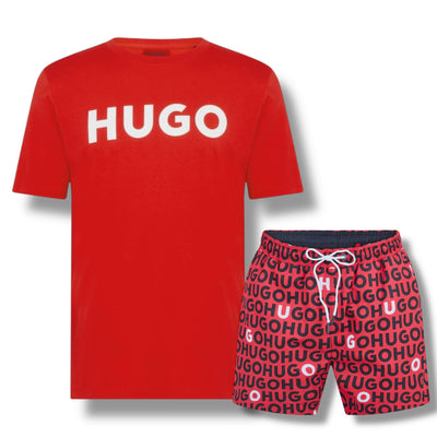HUGO BIG LOGO T-SHIRT & ALL OVER SWIM SHORTS SET NAVY RED & RED
