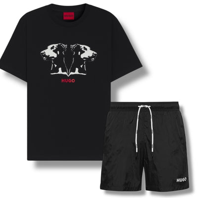HUGO MIRROR DOG T-SHIRT & SMALL LOGO SWIM SHORTS SET BLACK